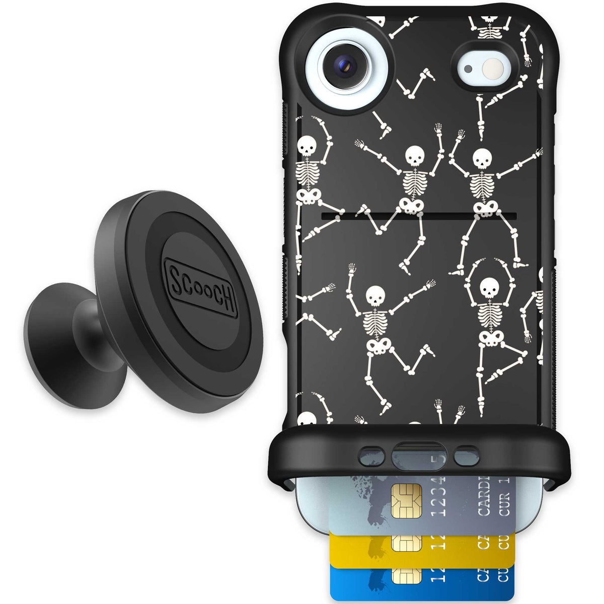 Swinging Skeletons white dancing skeleton pattern on a black Scooch Wingmate case for iPhone Air - Starter Bundle