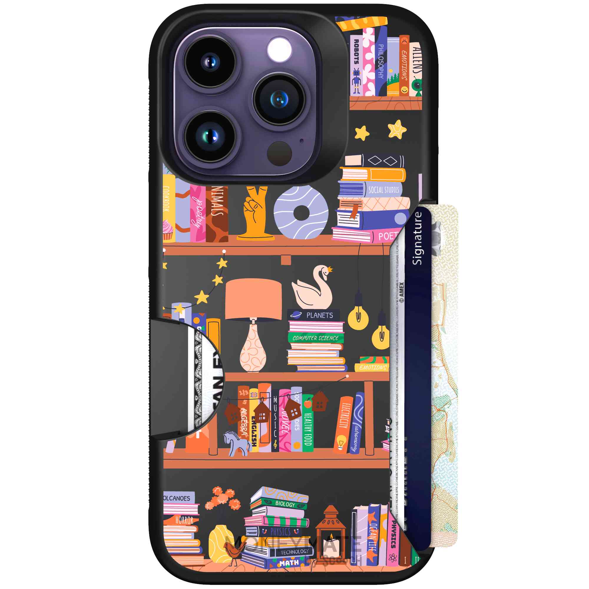 Little Library colorful book and bookshelf pattern on a Scooch Moneymate case for iPhone 14 Pro
