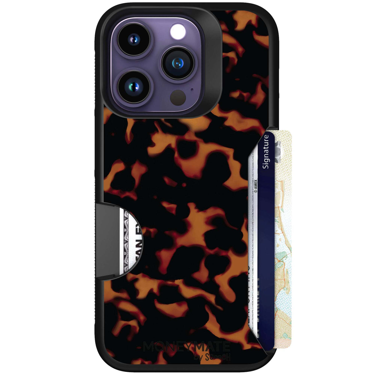 Tortoise Shell amber brown and black mottled pattern on a Scooch Moneymate case for iPhone 14 Pro