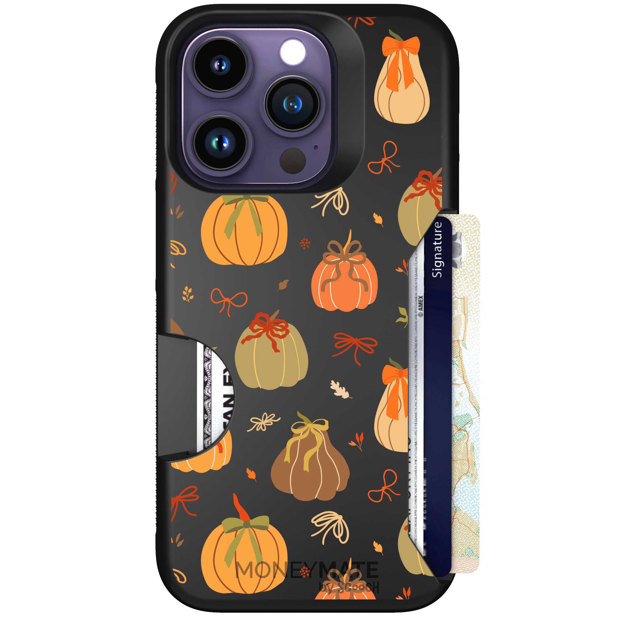 Pretty Pumpkins orange pumpkin and bow pattern on a Scooch Moneymate case for iPhone 14 Pro