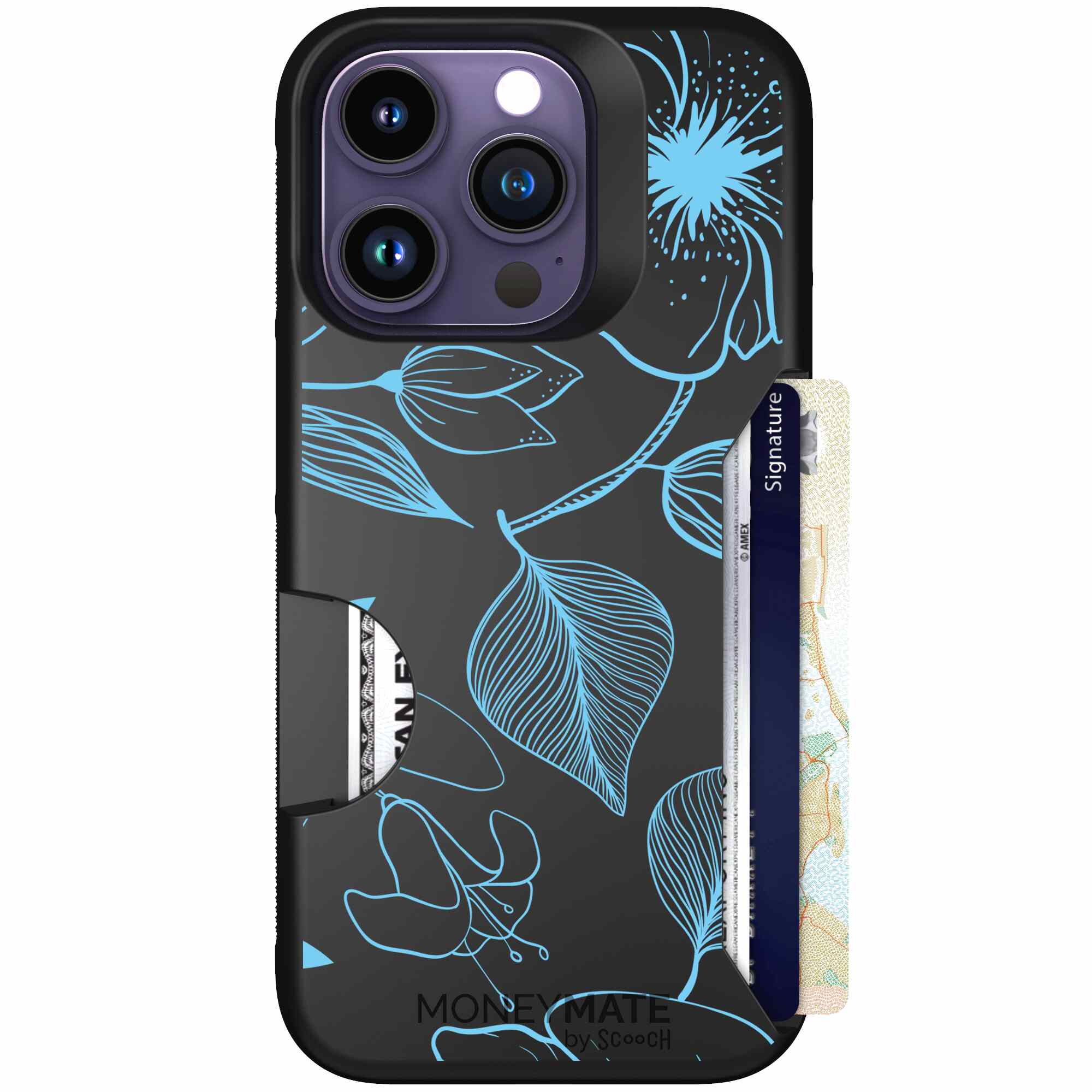 Blue Hibiscus cyan-blue tropical flower pattern on a charcoal Scooch Moneymate case for iPhone 14 Pro