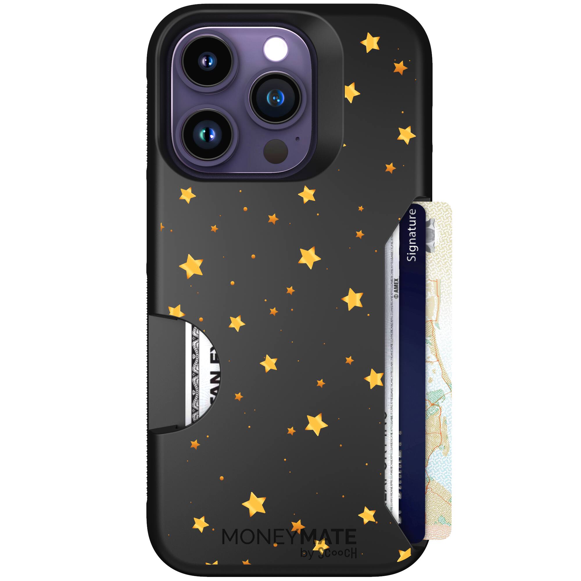Gold Stars yellow and gold star pattern on a charcoal Scooch Moneymate case for iPhone 14 Pro