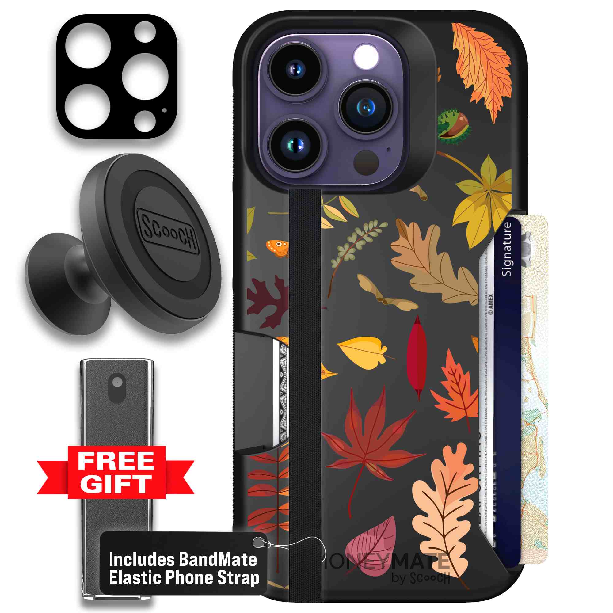 Autumn Leaves multicolored fall foliage pattern on a charcoal Scooch Moneymate case for iPhone 14 Pro - Defender Bundle
