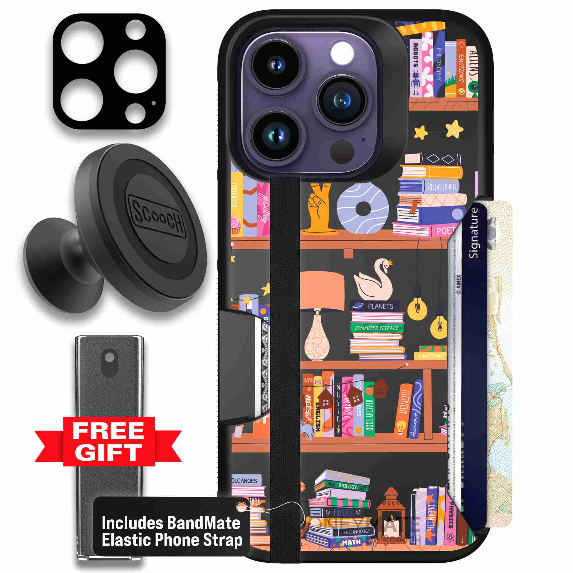 Little Library colorful book and bookshelf pattern on a Scooch Moneymate case for iPhone 14 Pro - Defender Bundle