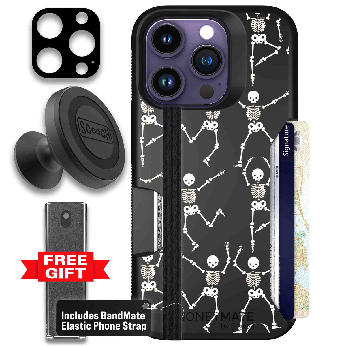 Swinging Skeletons white dancing skeleton pattern on a black Scooch Moneymate case for iPhone 14 Pro - Defender Bundle