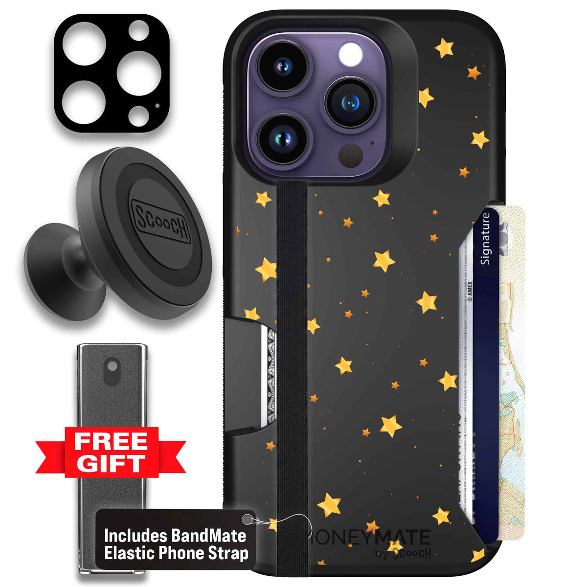 Gold Stars yellow and gold star pattern on a charcoal Scooch Moneymate case for iPhone 14 Pro - Defender Bundle