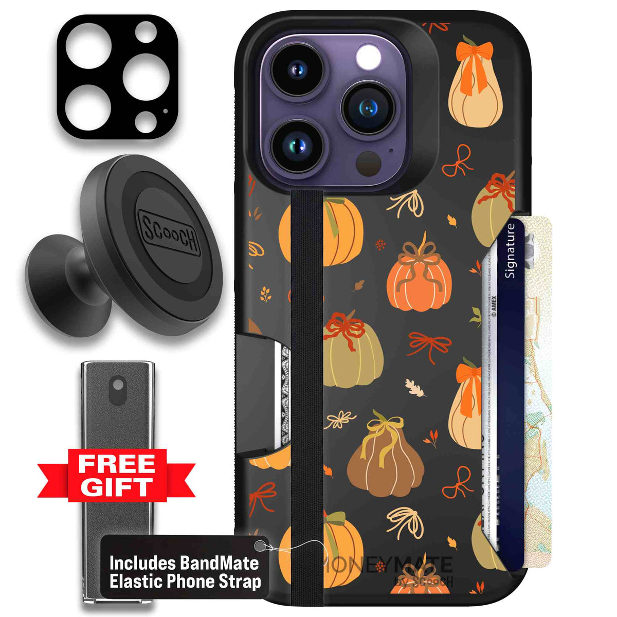 Pretty Pumpkins orange pumpkin and bow pattern on a Scooch Moneymate case for iPhone 14 Pro - Defender Bundle