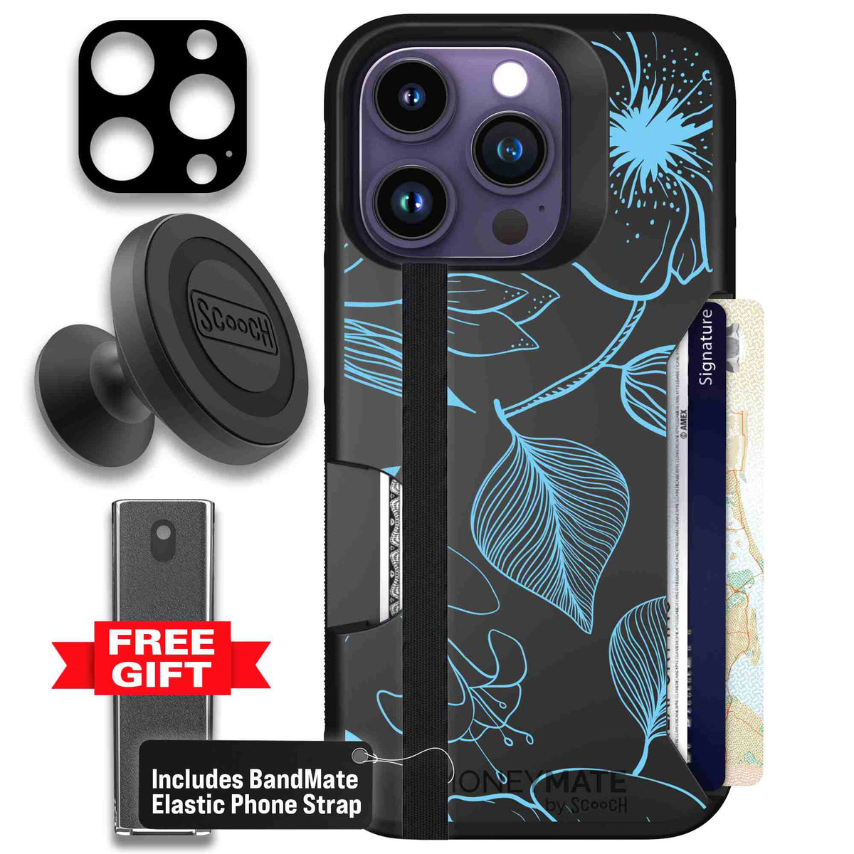 Blue Hibiscus cyan-blue tropical flower pattern on a charcoal Scooch Moneymate case for iPhone 14 Pro - Defender Bundle