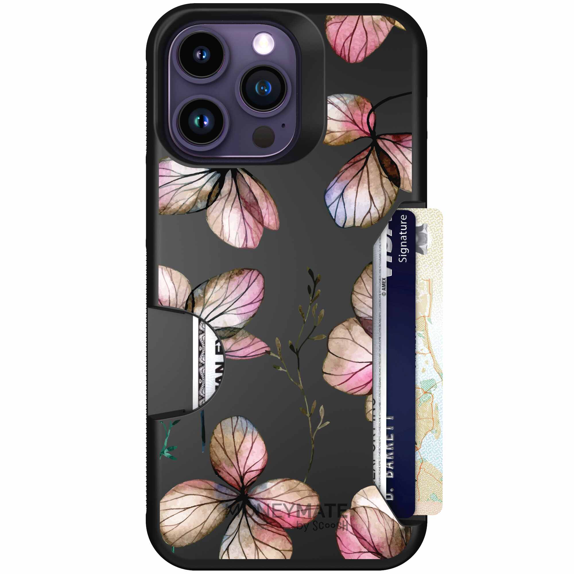 Dried Flowers blush mauve and cream floral pattern on a black Scooch Moneymate case for iPhone 14 Pro Max