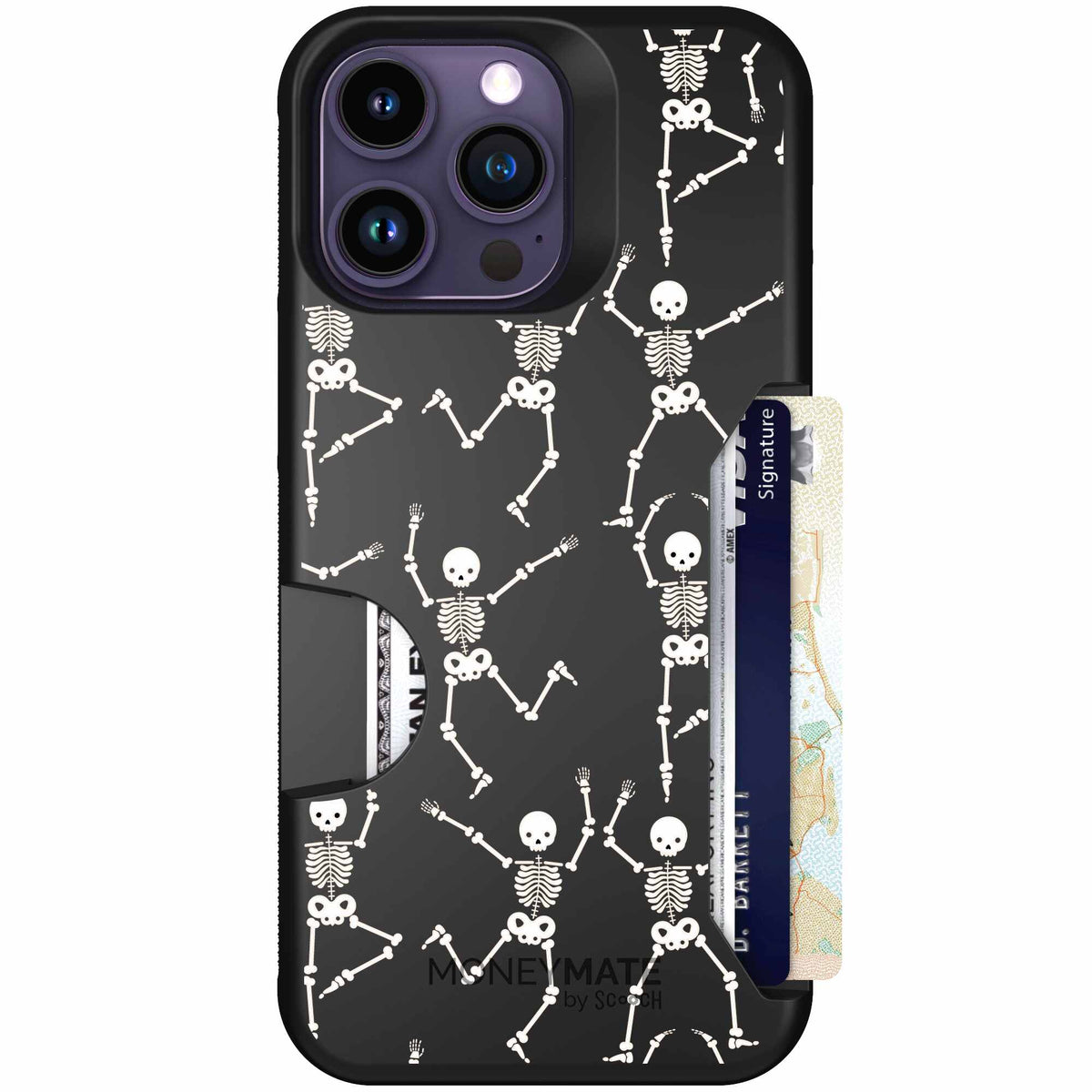 Swinging Skeletons white dancing skeleton pattern on a black Scooch Moneymate case for iPhone 14 Pro Max