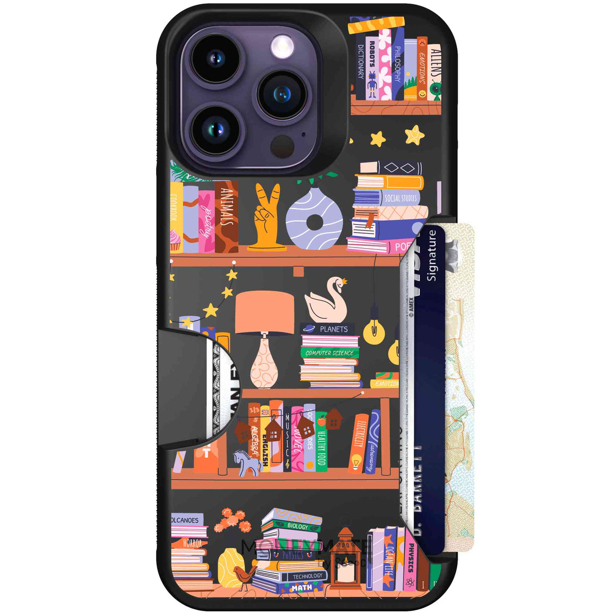 Little Library colorful book and bookshelf pattern on a Scooch Moneymate case for iPhone 14 Pro Max