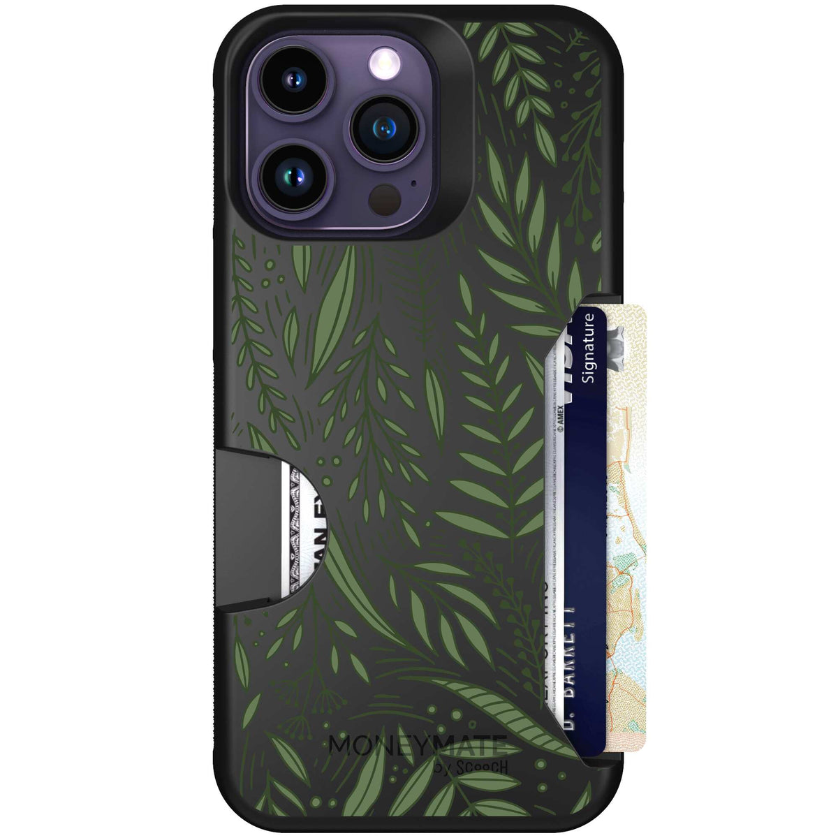 Willow Garden layered green leaves and branches on a charcoal Scooch Moneymate case for iPhone 14 Pro Max