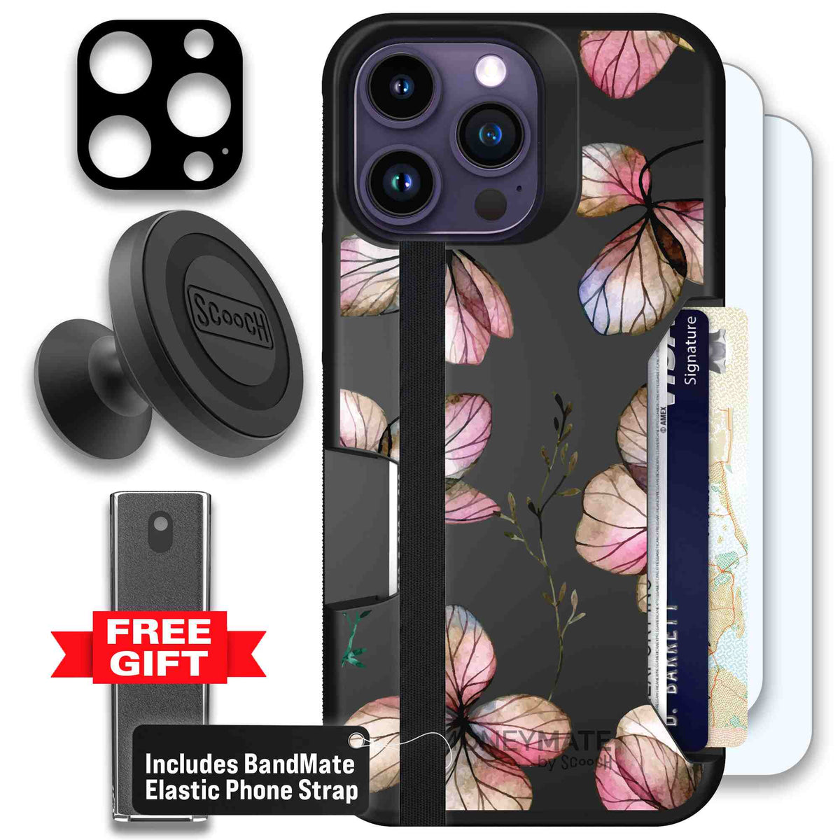 Dried Flowers blush mauve and cream floral pattern on a black Scooch Moneymate case for iPhone 14 Pro Max - Defender Bundle