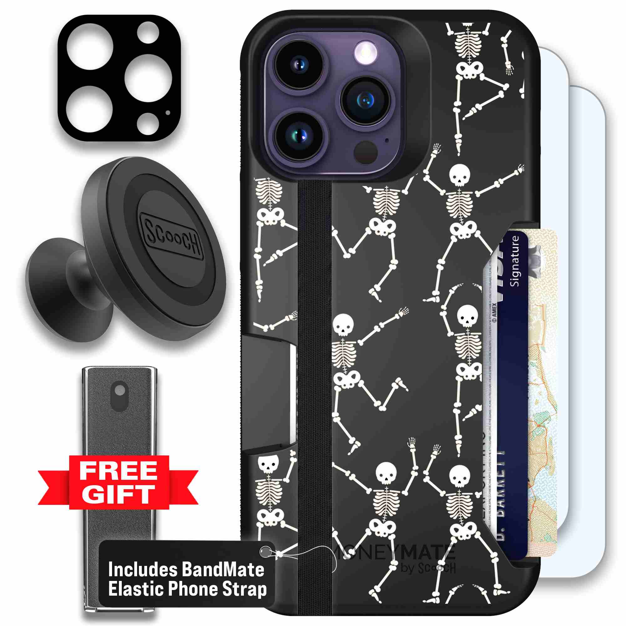 Swinging Skeletons white dancing skeleton pattern on a black Scooch Moneymate case for iPhone 14 Pro Max - Defender Bundle