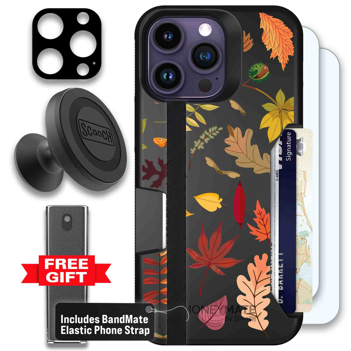 Autumn Leaves multicolored fall foliage pattern on a charcoal Scooch Moneymate case for iPhone 14 Pro Max - Defender Bundle