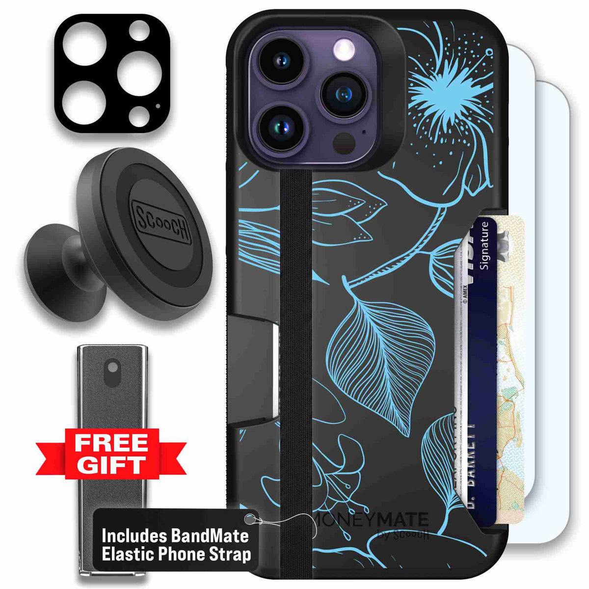 Blue Hibiscus cyan-blue tropical flower pattern on a charcoal Scooch Moneymate case for iPhone 14 Pro Max - Defender Bundle