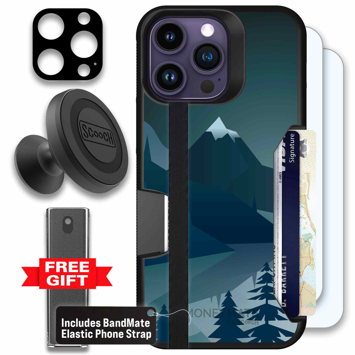 Midnight Ridge layered blue mountains and evergreen trees on a Scooch Moneymate case for iPhone 14 Pro Max - Defender Bundle