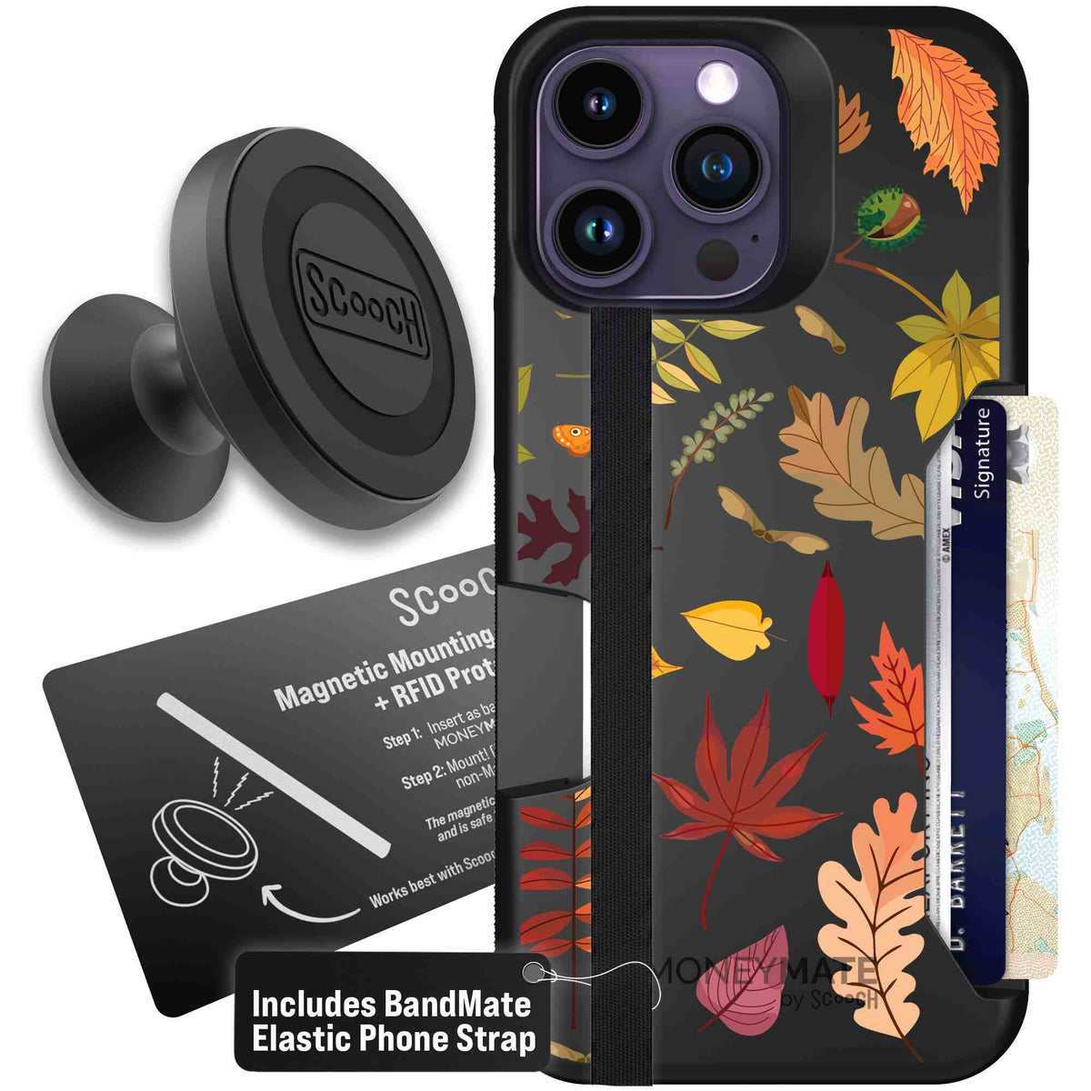 Autumn Leaves multicolored fall foliage pattern on a charcoal Scooch Moneymate case for iPhone 14 Pro Max - Starter Bundle