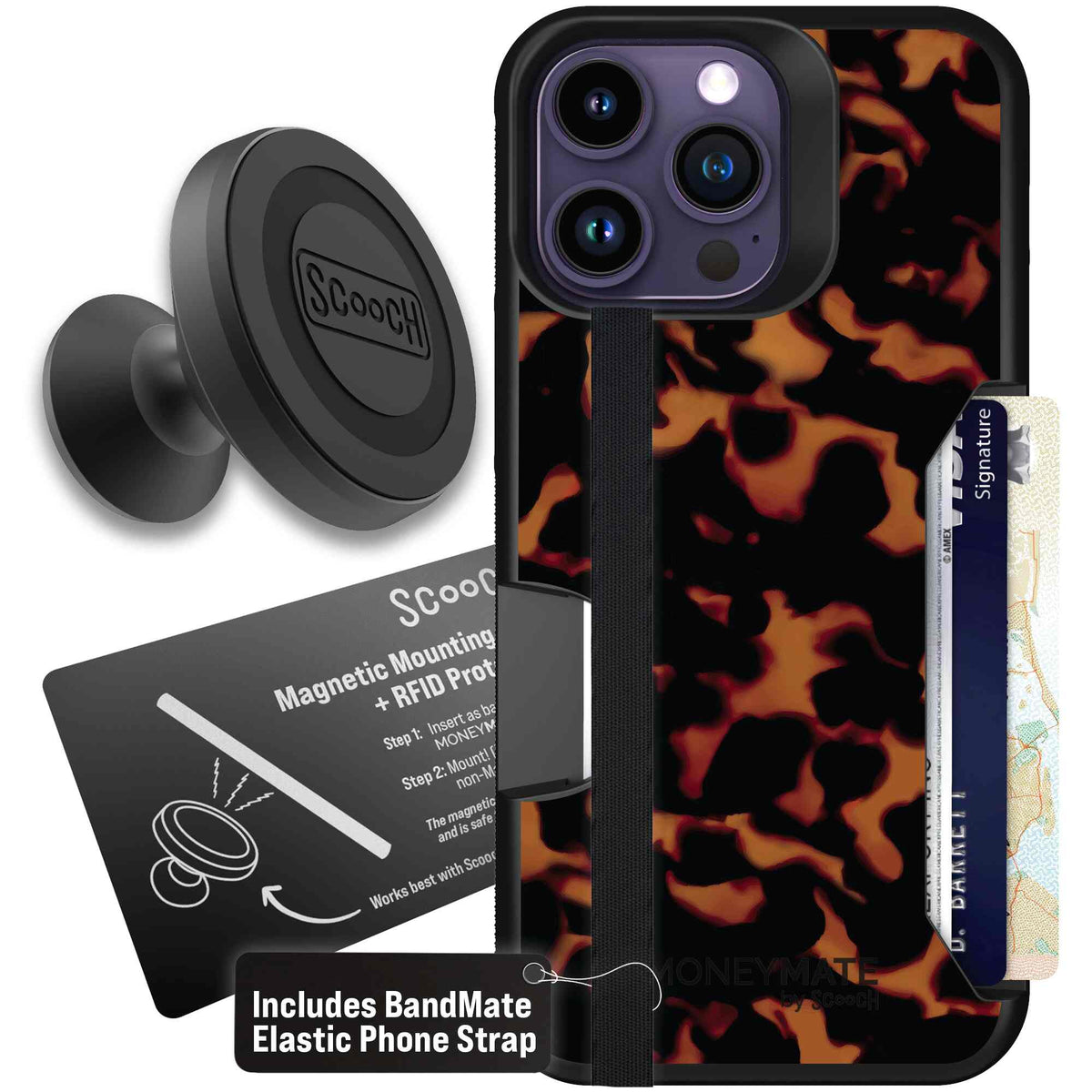 Tortoise Shell amber brown and black mottled pattern on a Scooch Moneymate case for iPhone 14 Pro Max - Starter Bundle