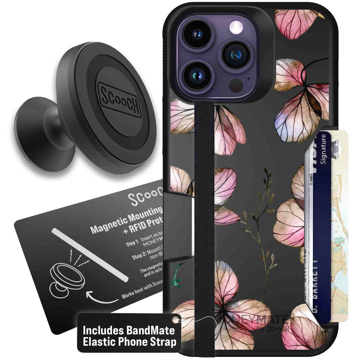 Dried Flowers blush mauve and cream floral pattern on a black Scooch Moneymate case for iPhone 14 Pro Max - Starter Bundle
