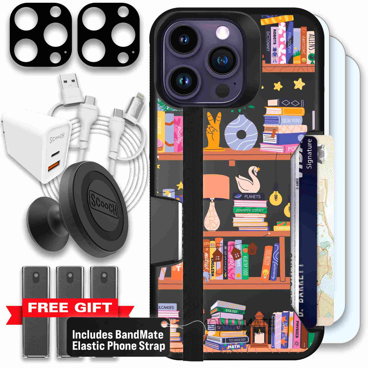 Little Library colorful book and bookshelf pattern on a Scooch Moneymate case for iPhone 14 Pro Max - Ultimate Bundle