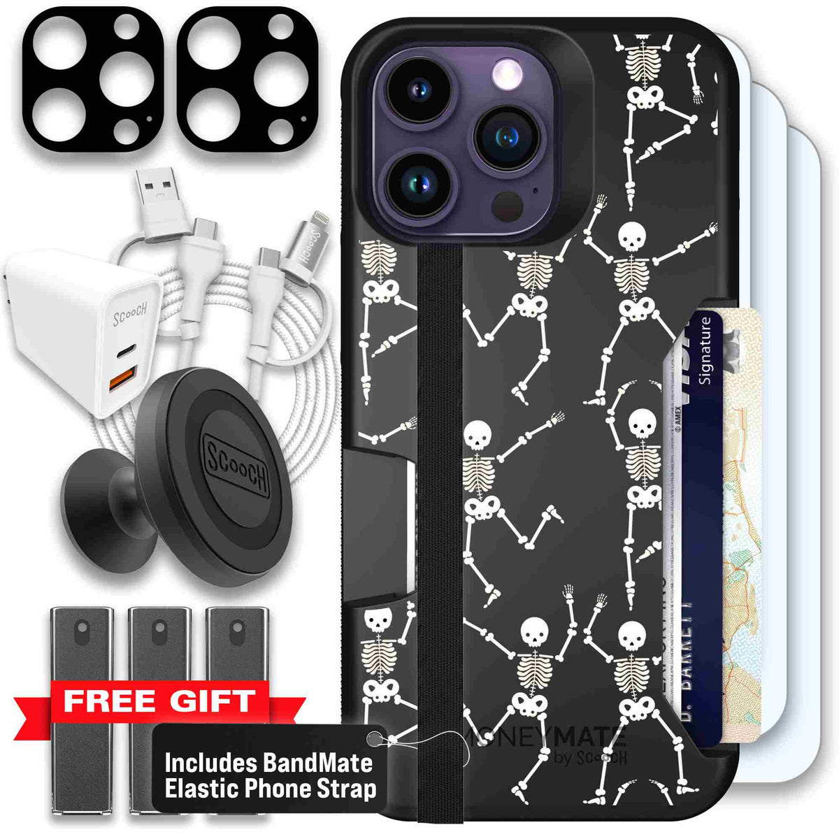 Swinging Skeletons white dancing skeleton pattern on a black Scooch Moneymate case for iPhone 14 Pro Max - Ultimate Bundle
