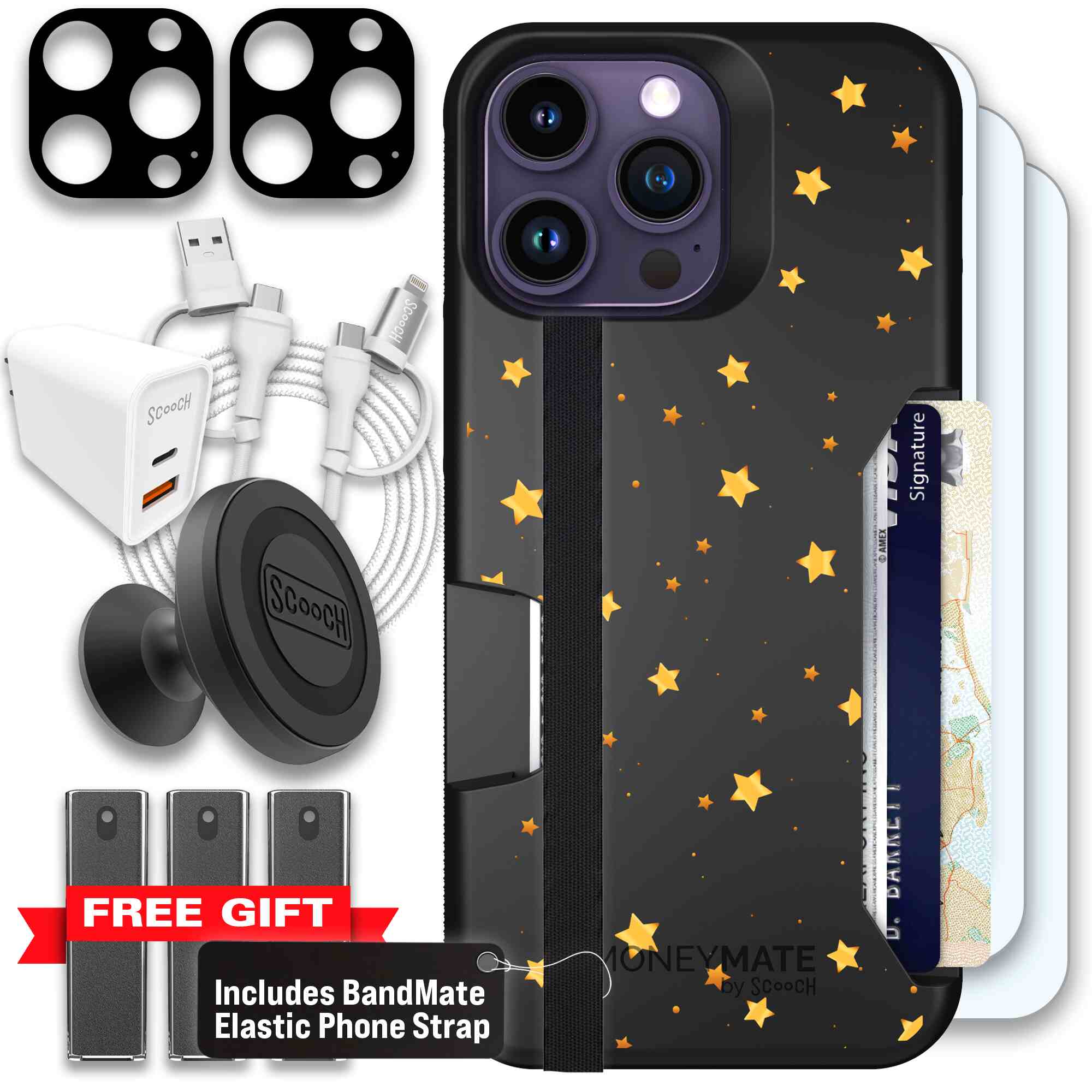 Gold Stars yellow and gold star pattern on a charcoal Scooch Moneymate case for iPhone 14 Pro Max - Ultimate Bundle