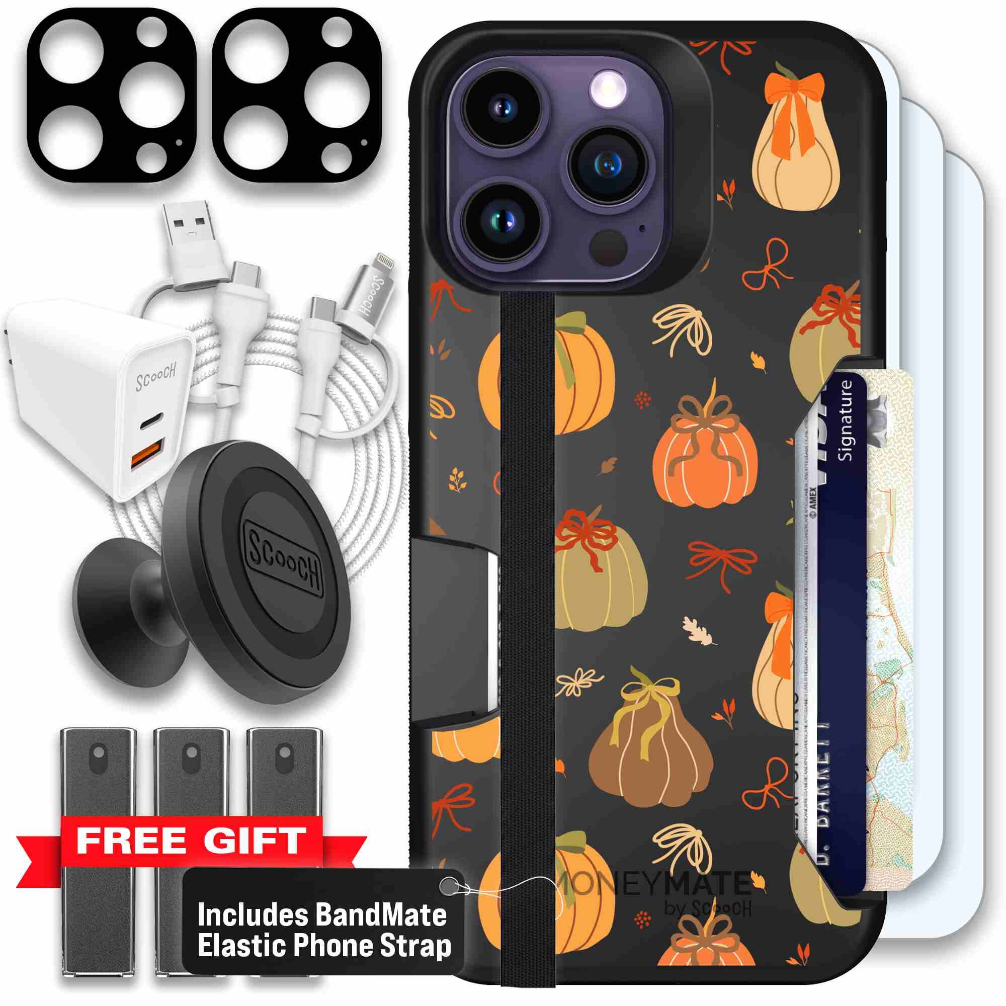 Pretty Pumpkins orange pumpkin and bow pattern on a Scooch Moneymate case for iPhone 14 Pro Max - Ultimate Bundle