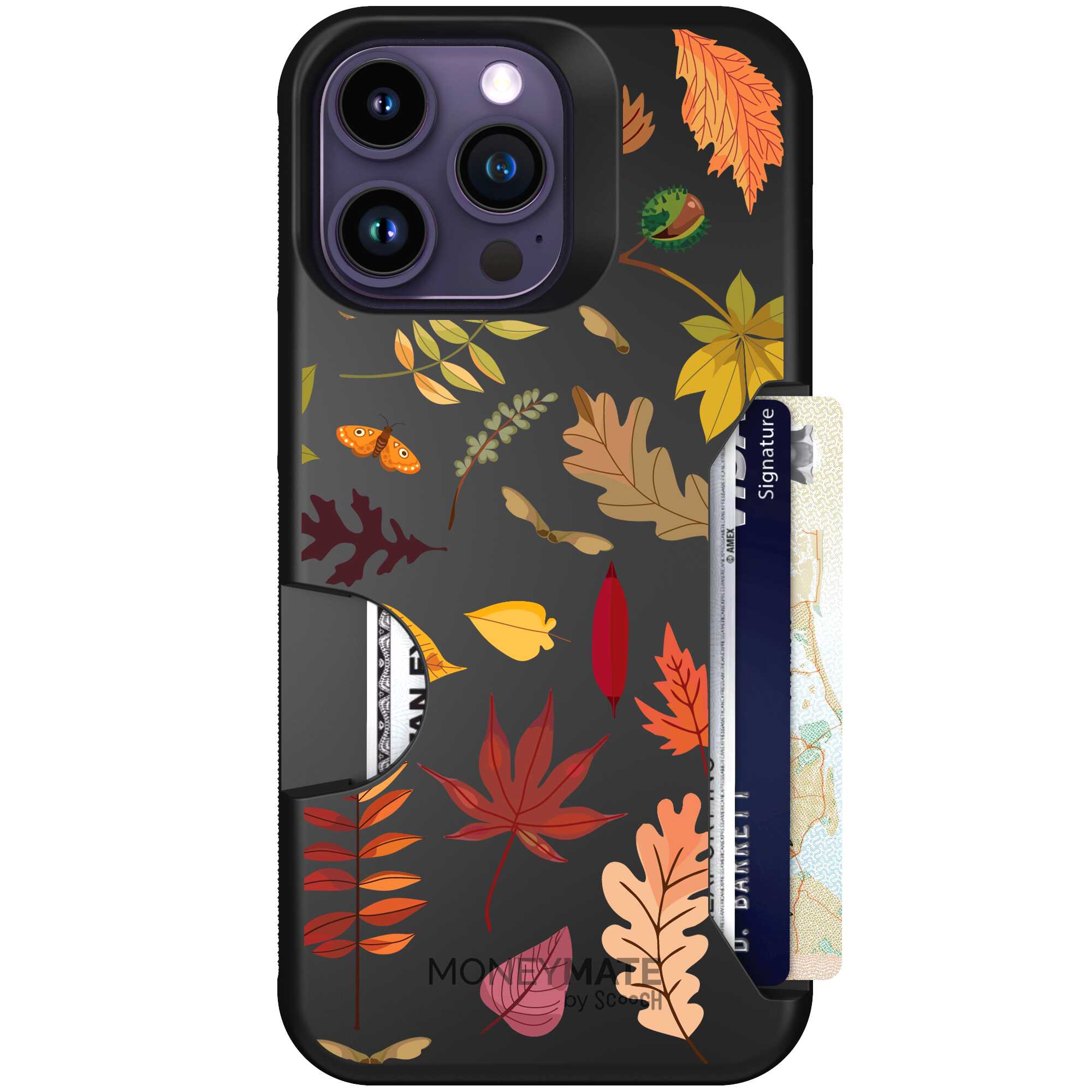 Autumn Leaves multicolored fall foliage pattern on a charcoal Scooch Moneymate case for iPhone 14 Pro Max