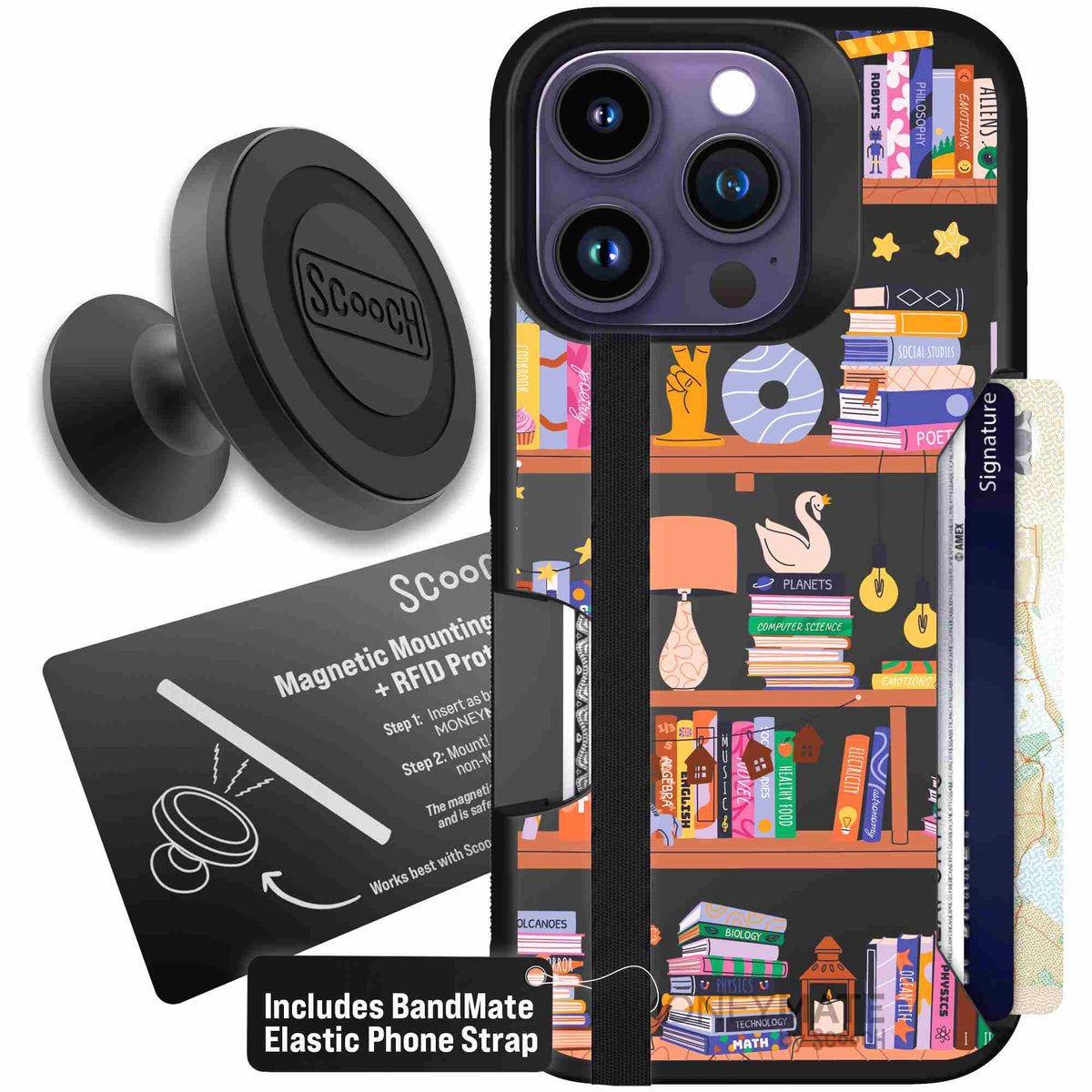 Little Library colorful book and bookshelf pattern on a Scooch Moneymate case for iPhone 14 Pro - Starter Bundle
