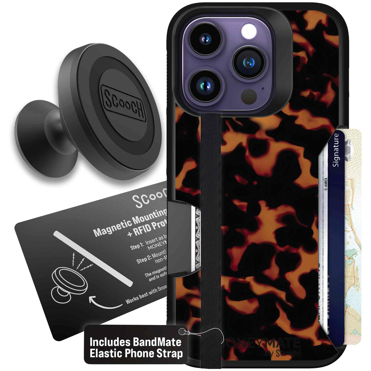 Tortoise Shell amber brown and black mottled pattern on a Scooch Moneymate case for iPhone 14 Pro - Starter Bundle