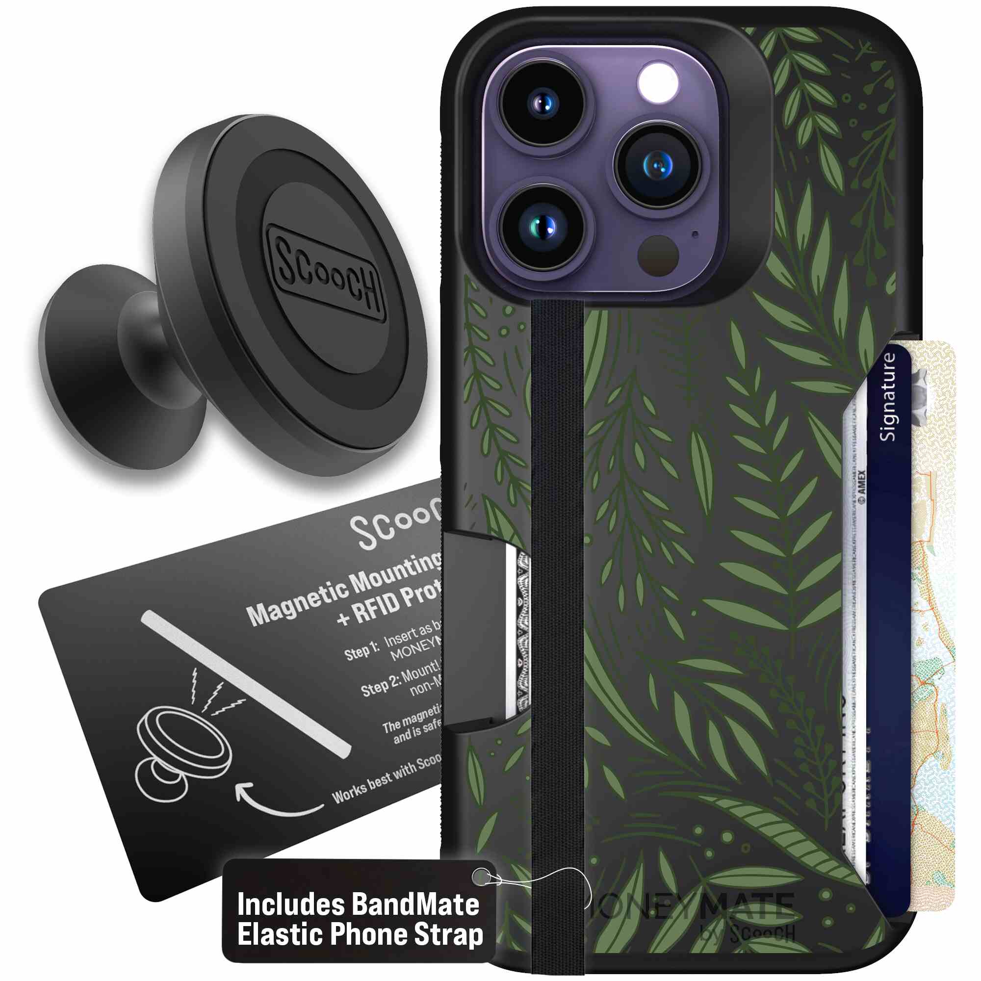 Willow Garden layered green leaves and branches on a charcoal Scooch Moneymate case for iPhone 14 Pro - Starter Bundle