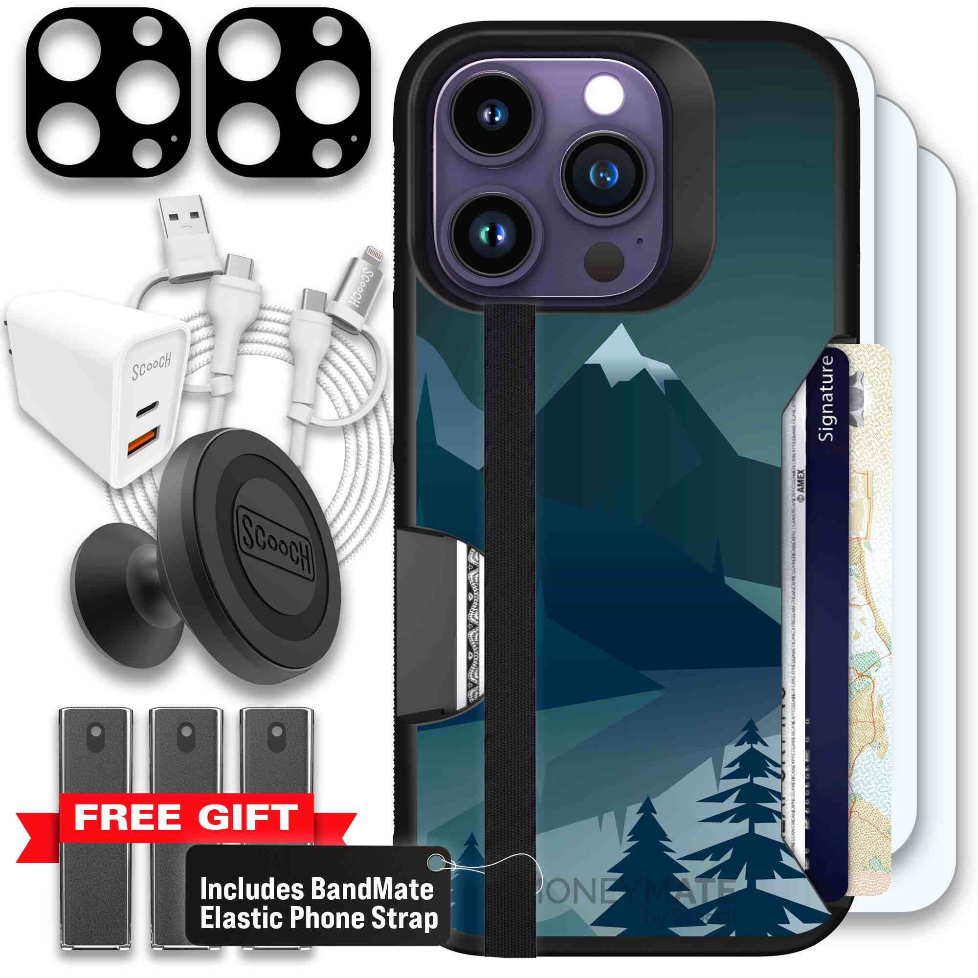 Midnight Ridge layered blue mountains and evergreen trees on a Scooch Moneymate case for iPhone 14 Pro - Ultimate Bundle