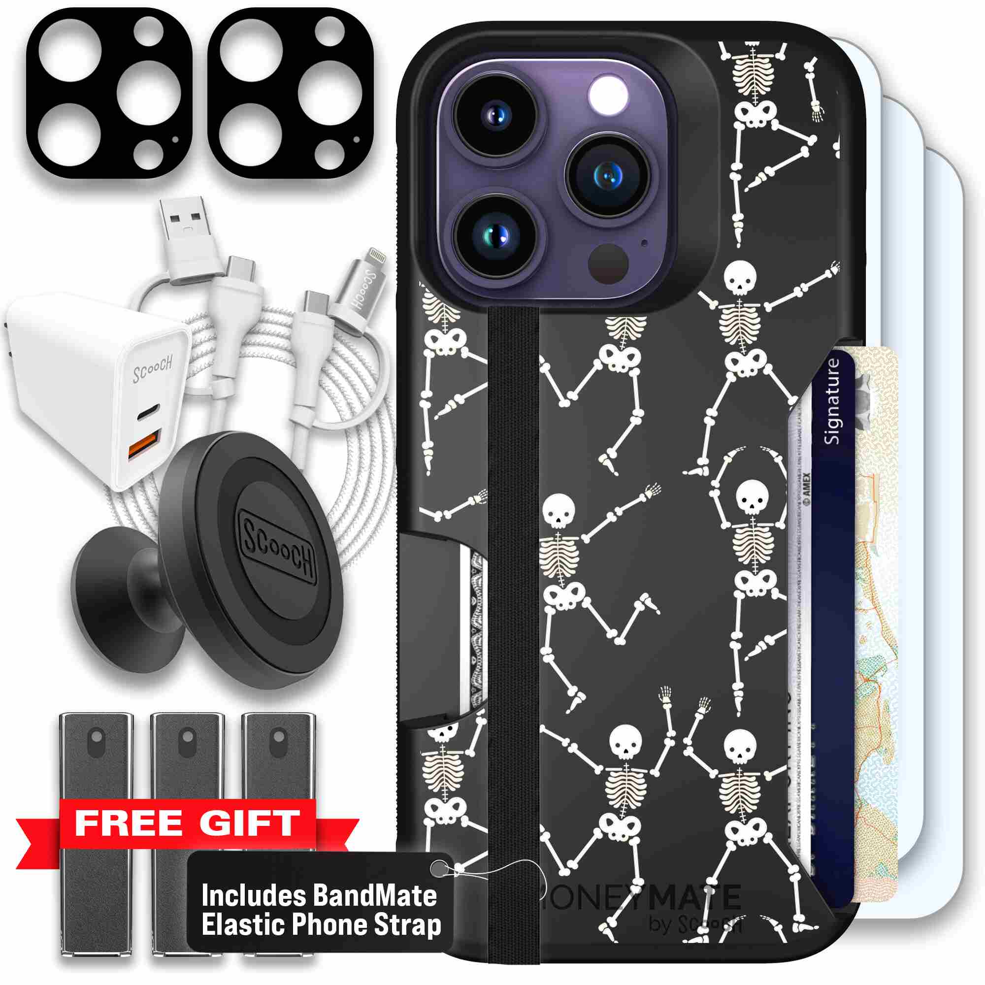 Swinging Skeletons white dancing skeleton pattern on a black Scooch Moneymate case for iPhone 14 Pro - Ultimate Bundle