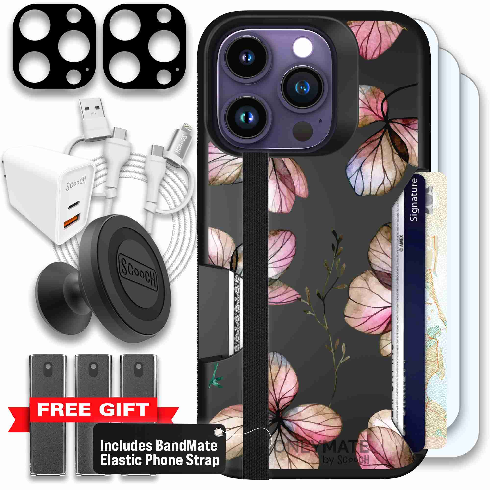Dried Flowers blush mauve and cream floral pattern on a black Scooch Moneymate case for iPhone 14 Pro - Ultimate Bundle