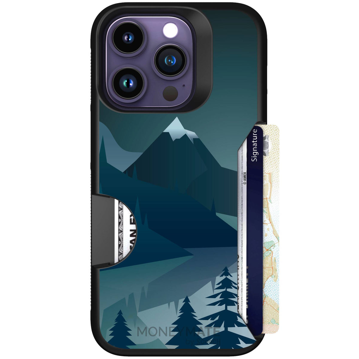 Midnight Ridge layered blue mountains and evergreen trees on a Scooch Moneymate case for iPhone 14 Pro