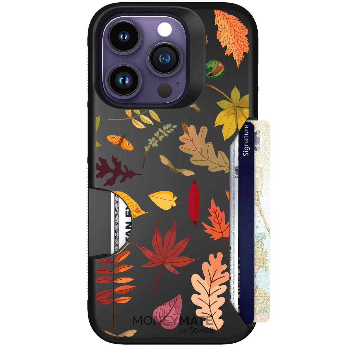 Autumn Leaves multicolored fall foliage pattern on a charcoal Scooch Moneymate case for iPhone 14 Pro