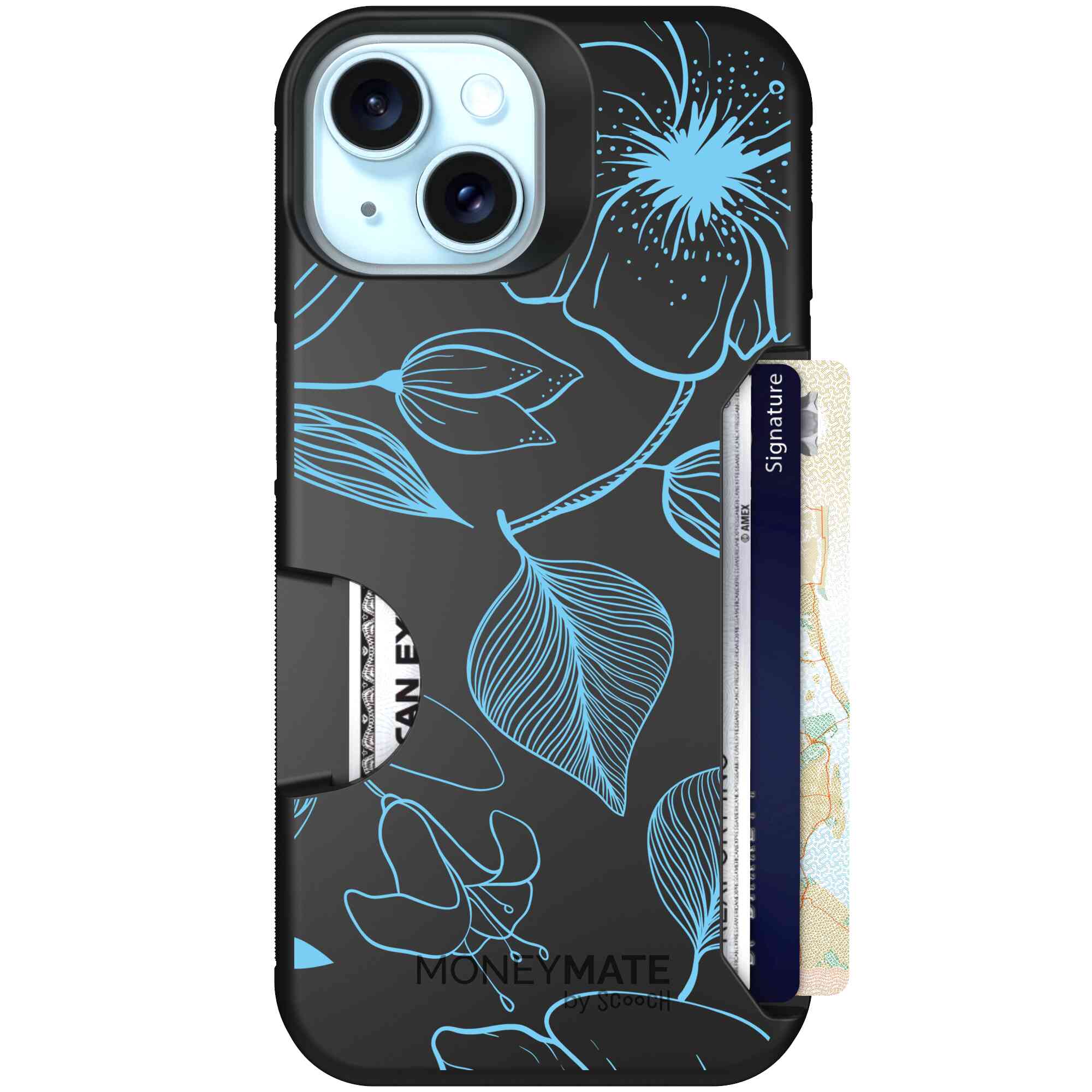 Blue Hibiscus cyan-blue tropical flower pattern on a charcoal Scooch Moneymate case for iPhone 15