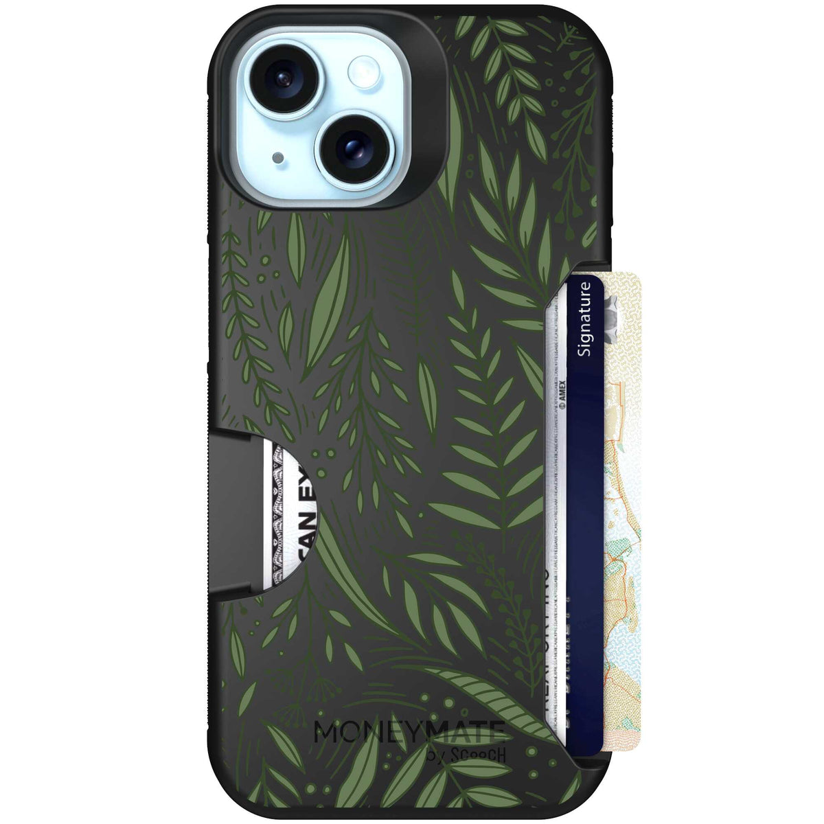 Willow Garden layered green leaves and branches on a charcoal Scooch Moneymate case for iPhone 15