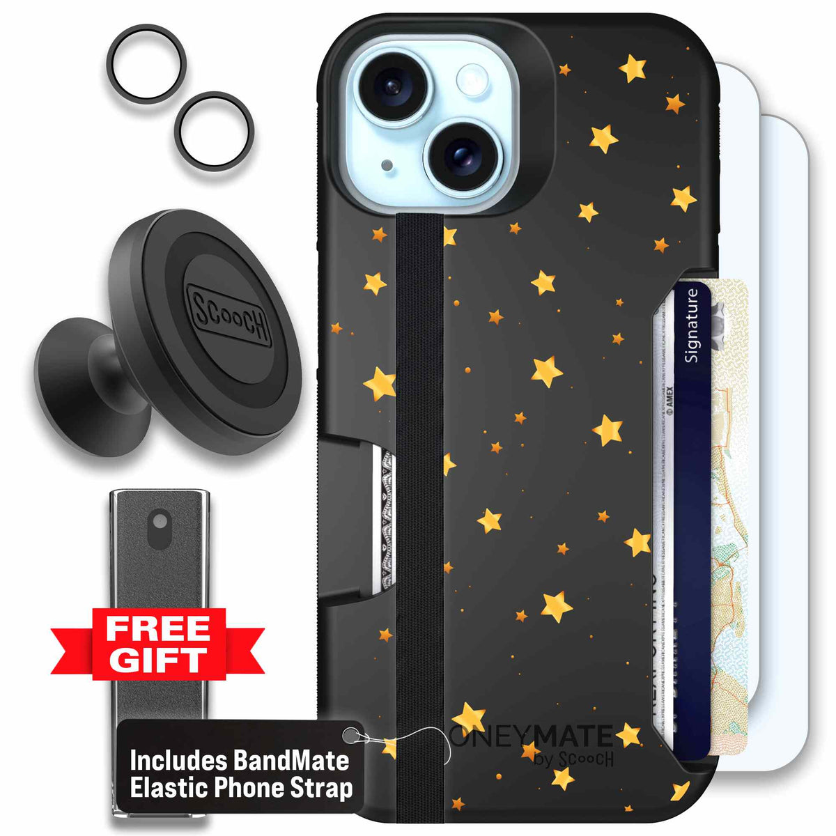 Gold Stars yellow and gold star pattern on a charcoal Scooch Moneymate case for iPhone 15 - Defender Bundle