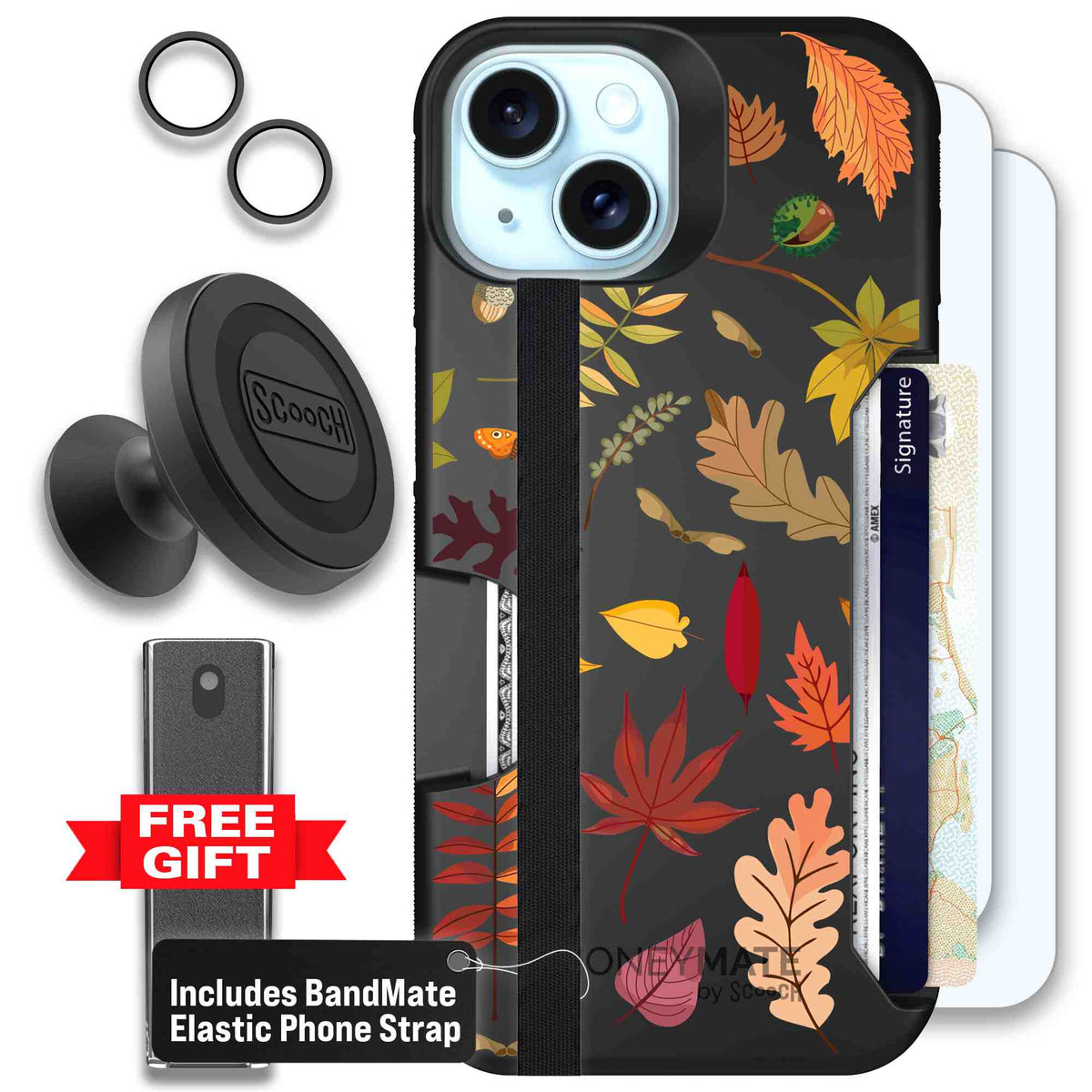 Autumn Leaves multicolored fall foliage pattern on a charcoal Scooch Moneymate case for iPhone 15 - Defender Bundle