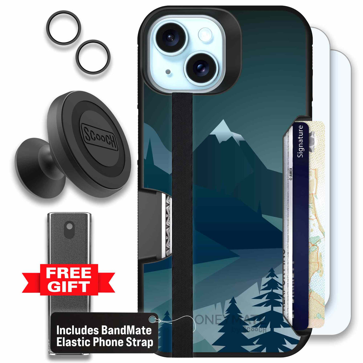 Midnight Ridge layered blue mountains and evergreen trees on a Scooch Moneymate case for iPhone 15 - Defender Bundle