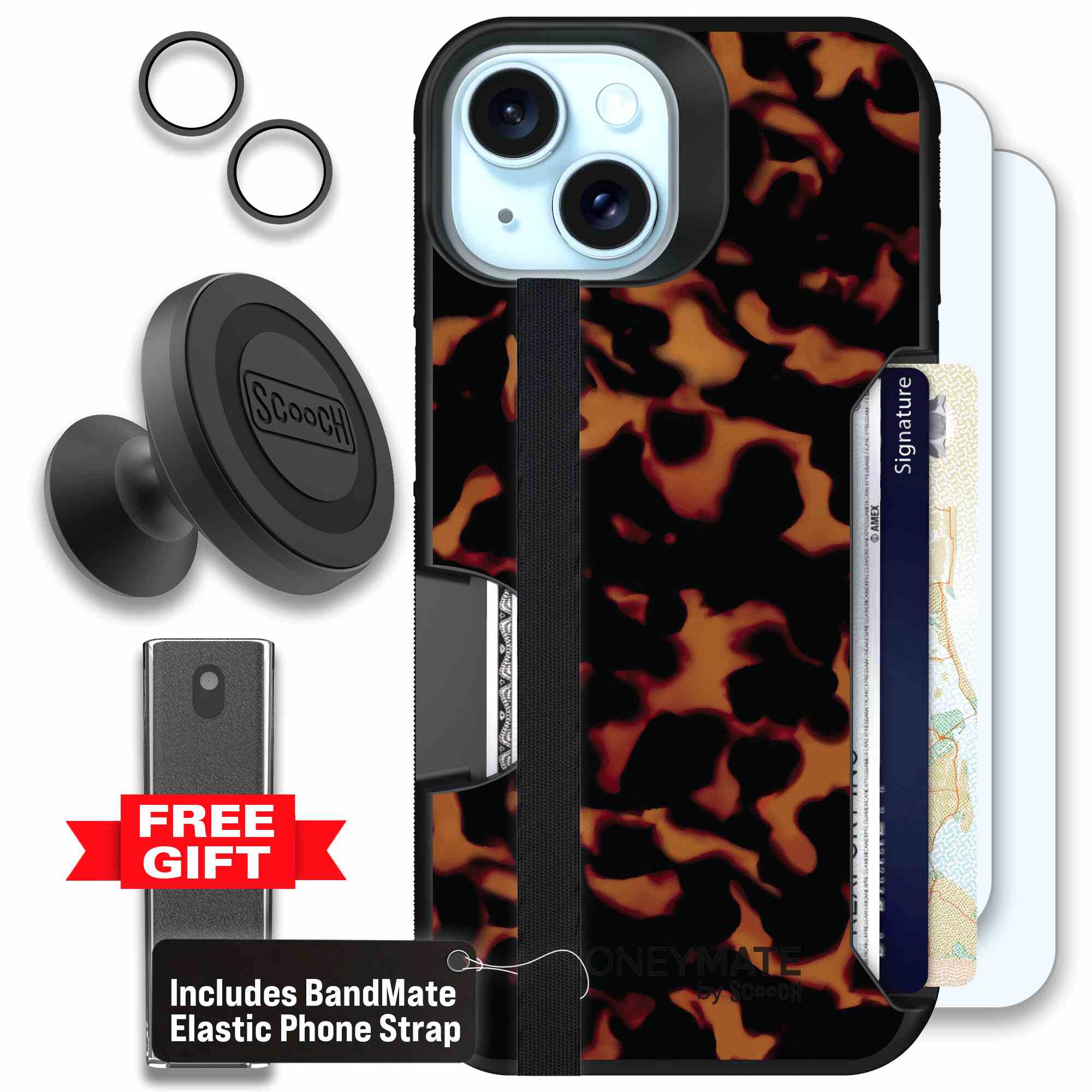 Tortoise Shell amber brown and black mottled pattern on a Scooch Moneymate case for iPhone 15 - Defender Bundle