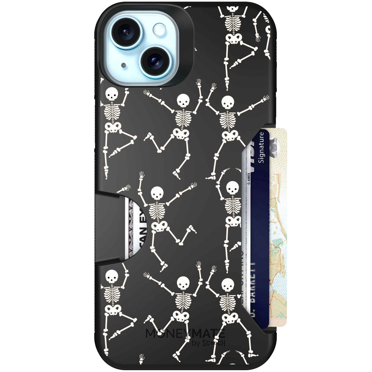 Swinging Skeletons white dancing skeleton pattern on a black Scooch Moneymate case for iPhone 15 Plus