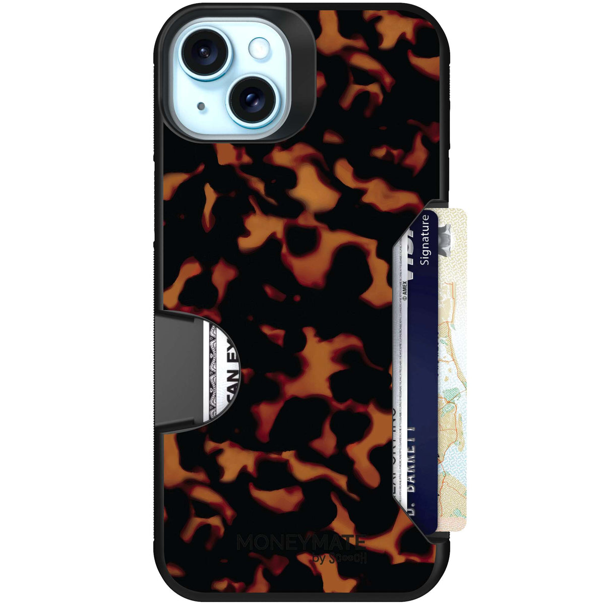 Tortoise Shell amber brown and black mottled pattern on a Scooch Moneymate case for iPhone 15 Plus