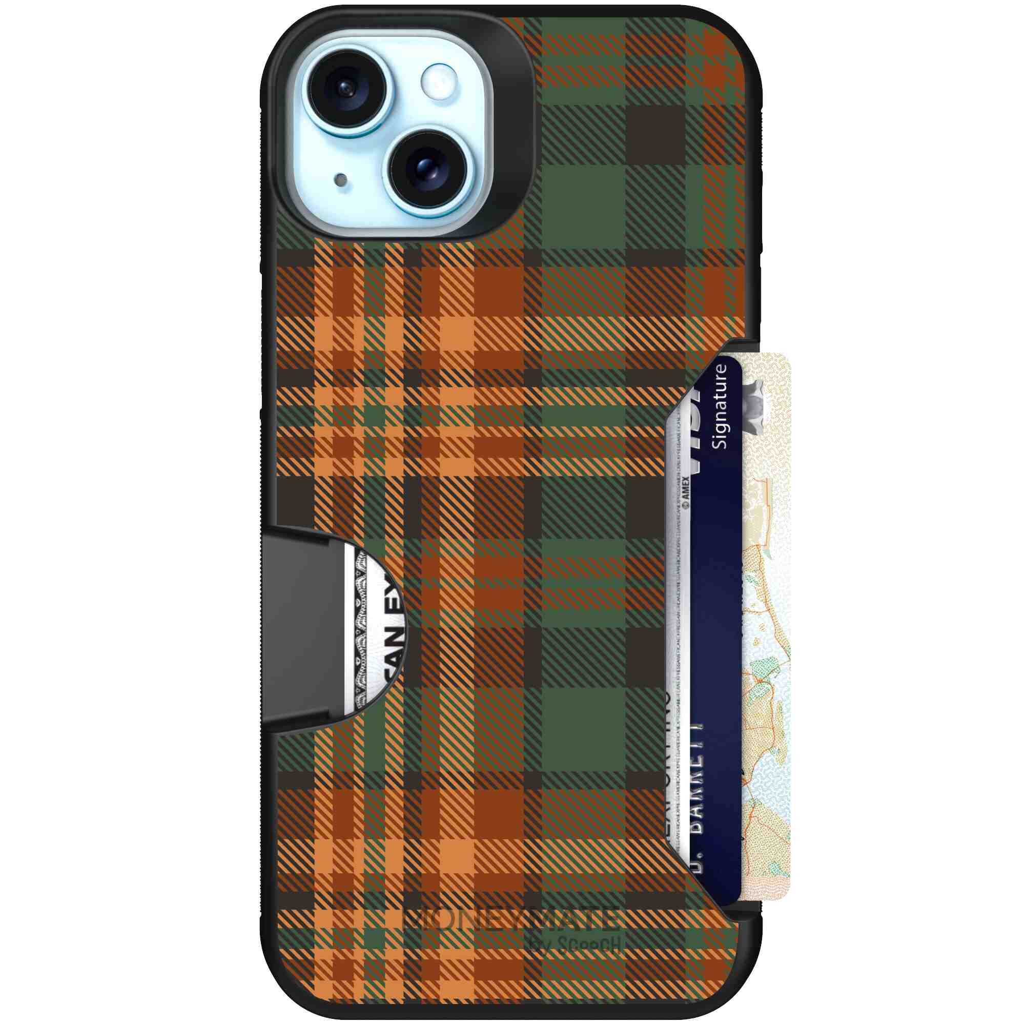 Fall Flannel orange and brown plaid pattern on a Scooch Moneymate case for iPhone 15 Plus