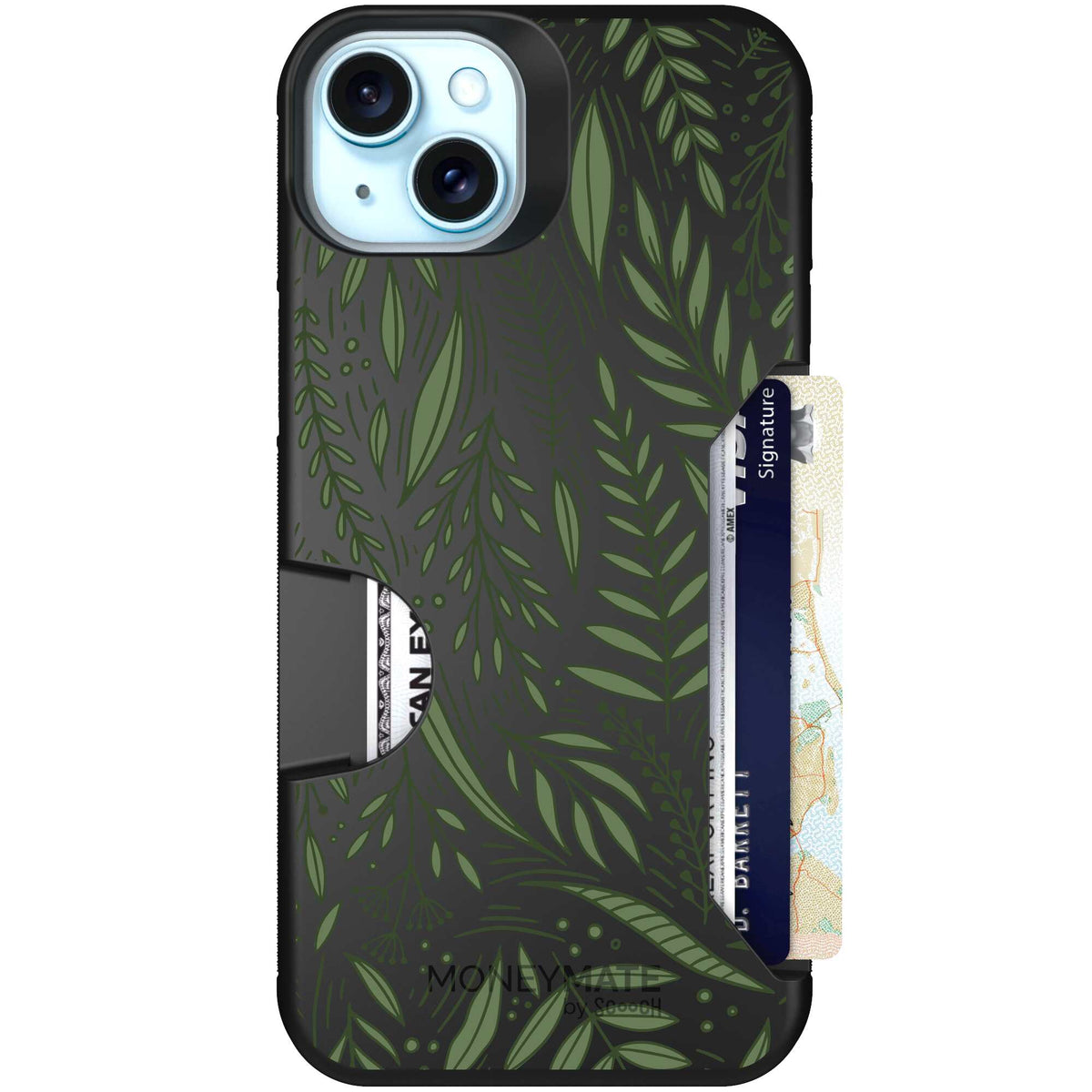 Willow Garden layered green leaves and branches on a charcoal Scooch Moneymate case for iPhone 15 Plus