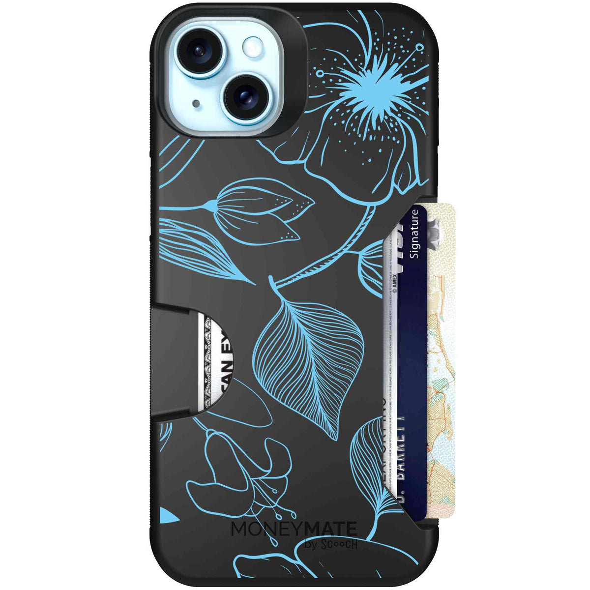 Blue Hibiscus cyan-blue tropical flower pattern on a charcoal Scooch Moneymate case for iPhone 15 Plus