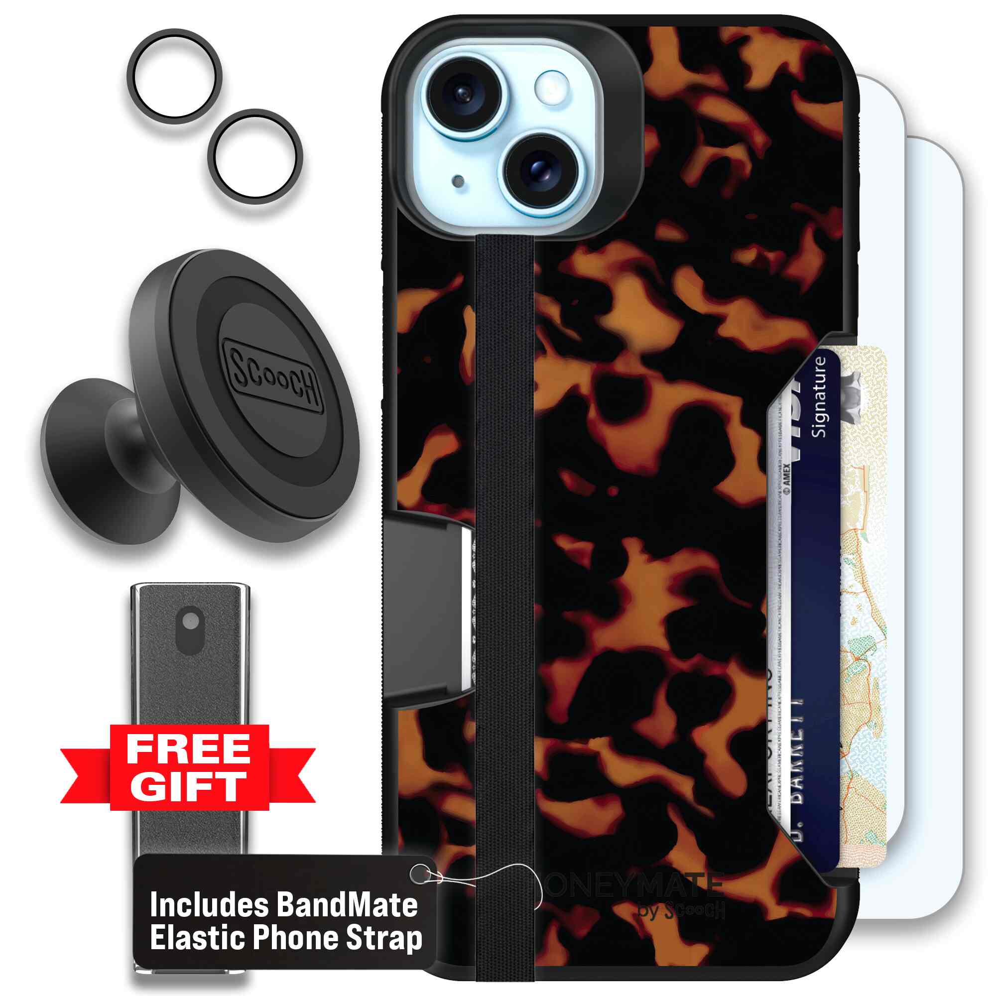 Tortoise Shell amber brown and black mottled pattern on a Scooch Moneymate case for iPhone 15 Plus - Defender Bundle