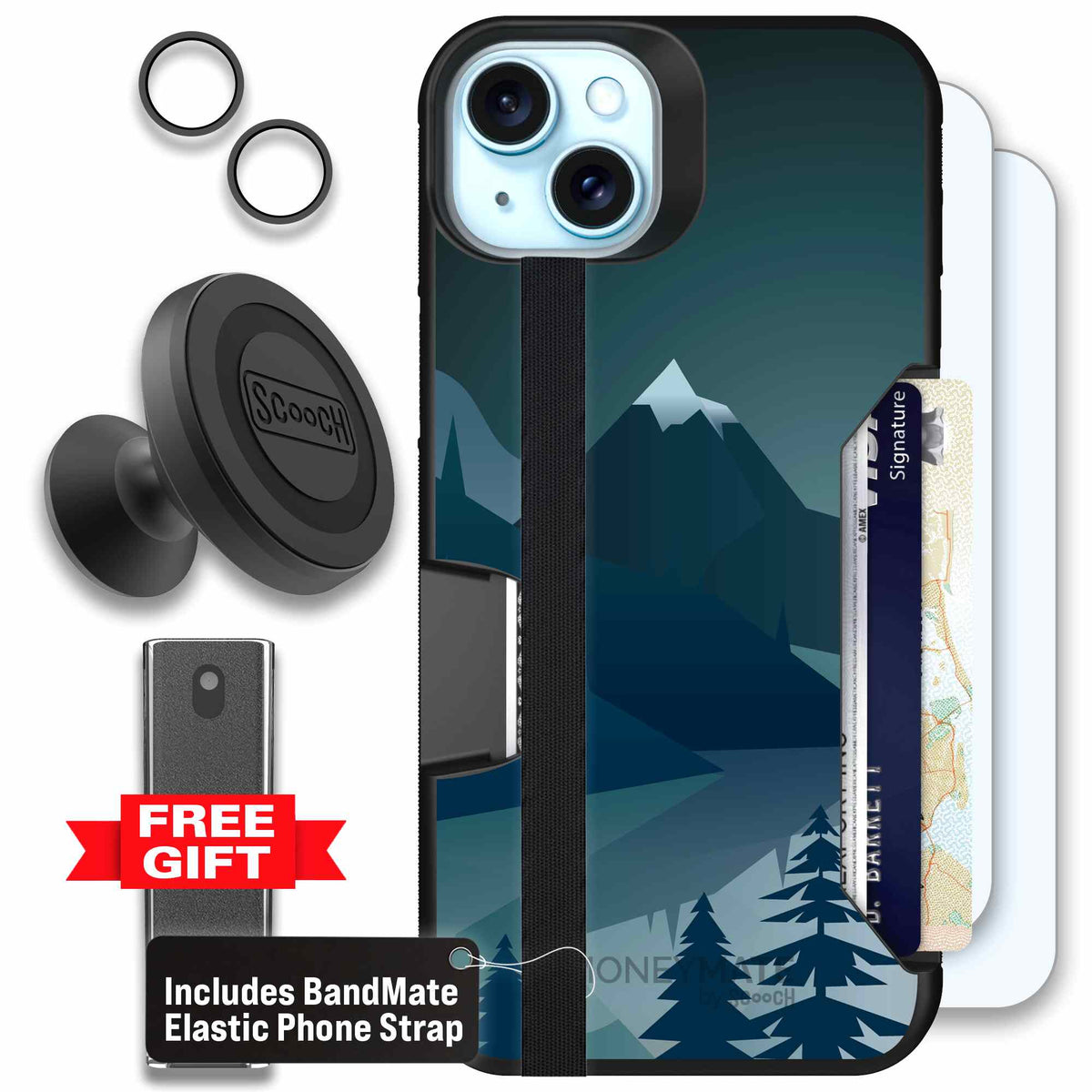 Midnight Ridge layered blue mountains and evergreen trees on a Scooch Moneymate case for iPhone 15 Plus - Defender Bundle